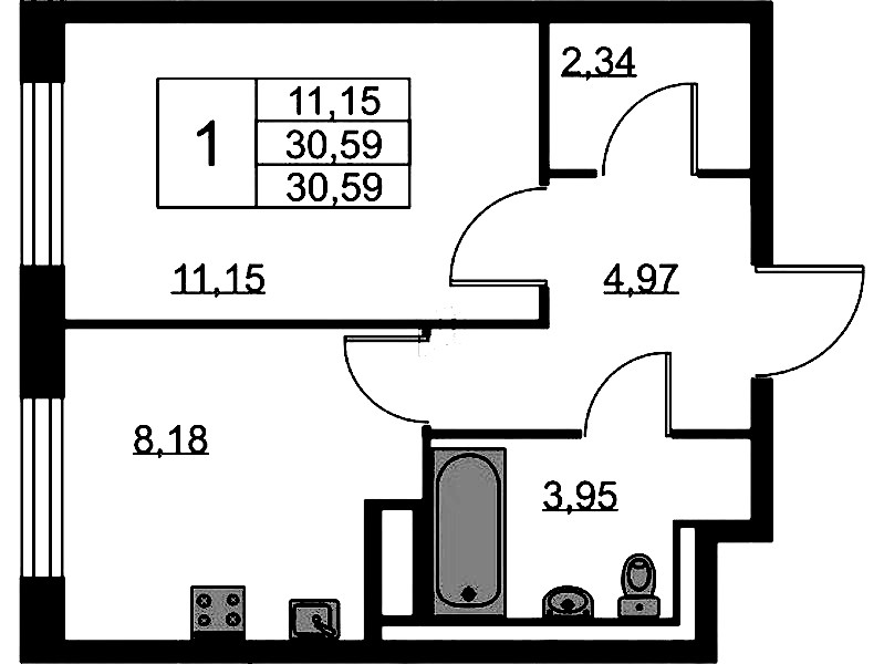 1-комнатная квартира 30.59 м², 3/9 эт., ЖК «Квартал Лаголово»